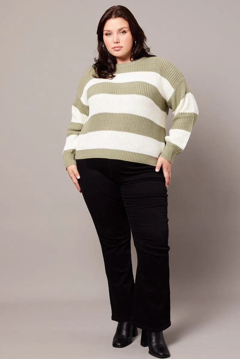 Green Stripe Knit Jumper Long Sleeve Crew Neck