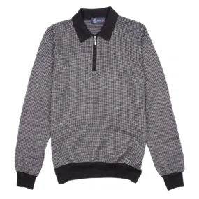 Grey Dogtooth Cashmere & Silk Zip-Neck Polo