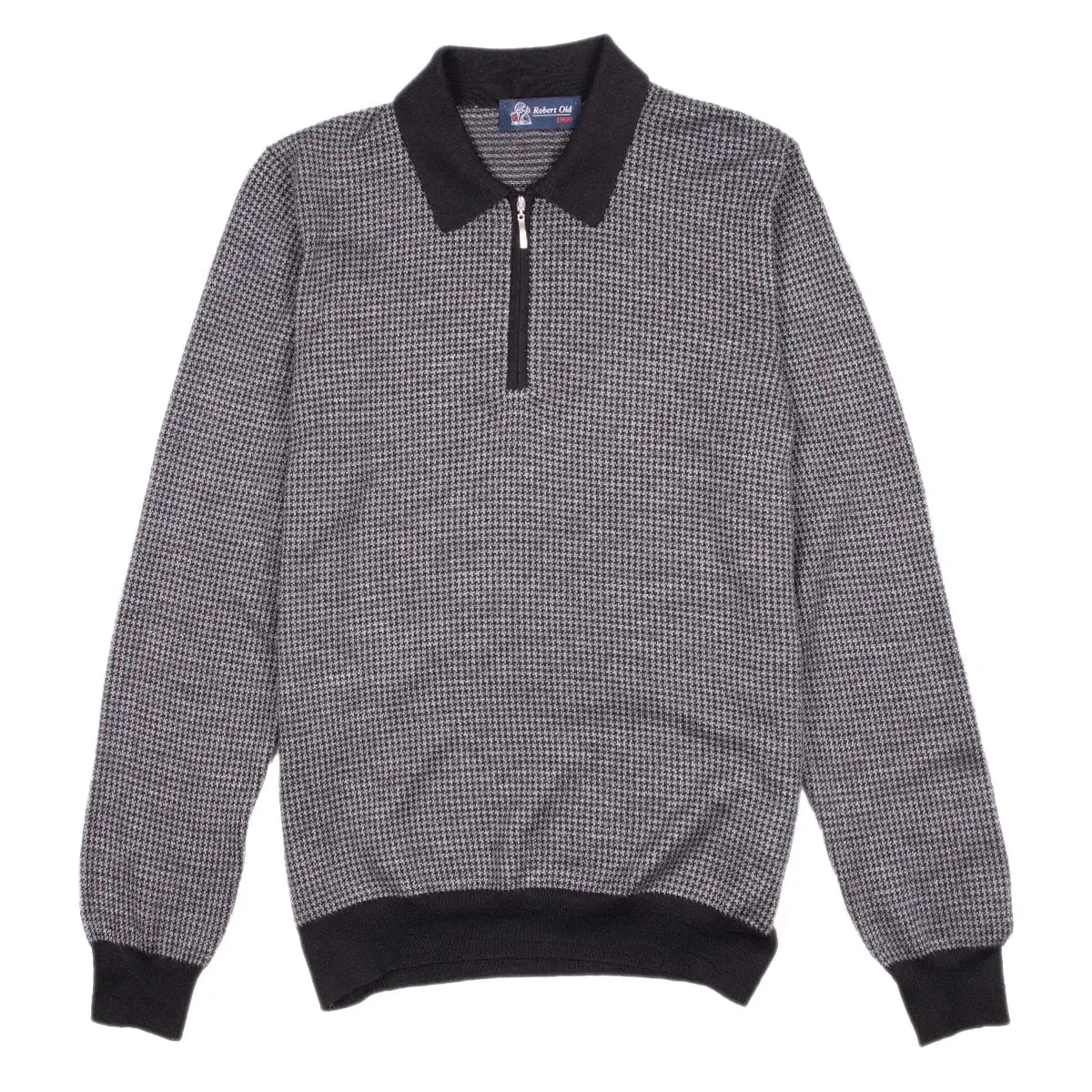 Grey Dogtooth Cashmere & Silk Zip-Neck Polo