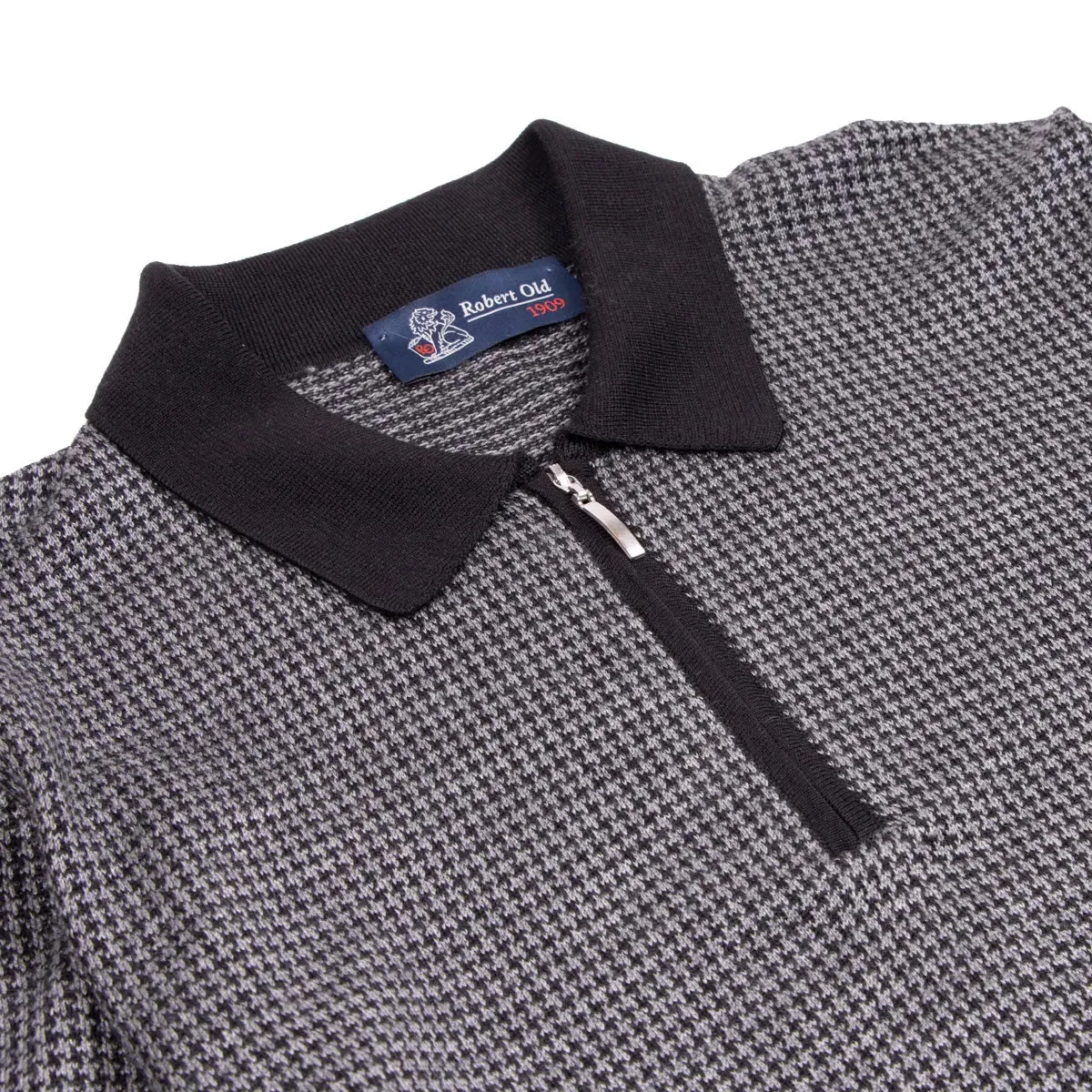 Grey Dogtooth Cashmere & Silk Zip-Neck Polo