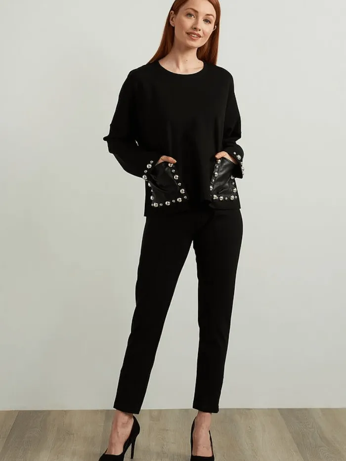 Joseph Ribkoff T Black Faux Leather Pocket Top 213000 11
