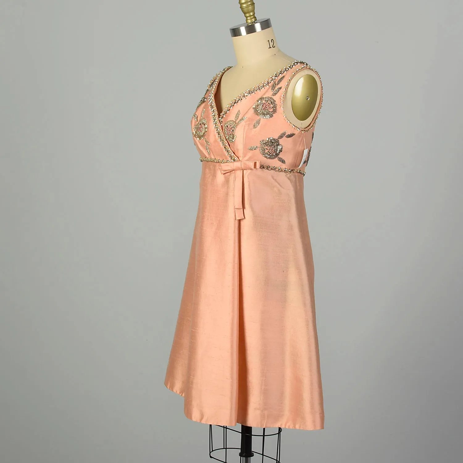 Large 1960s Peach Dress Deadstock Bead Embroidered Empire Waist Babydoll