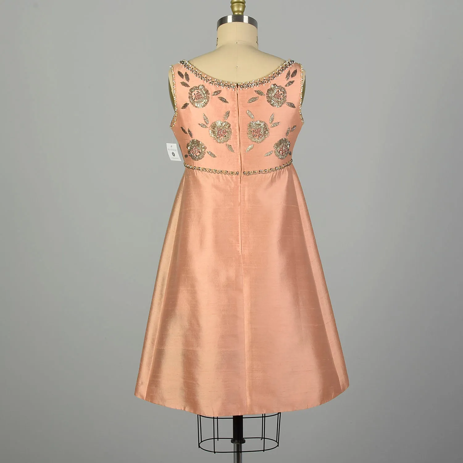 Large 1960s Peach Dress Deadstock Bead Embroidered Empire Waist Babydoll