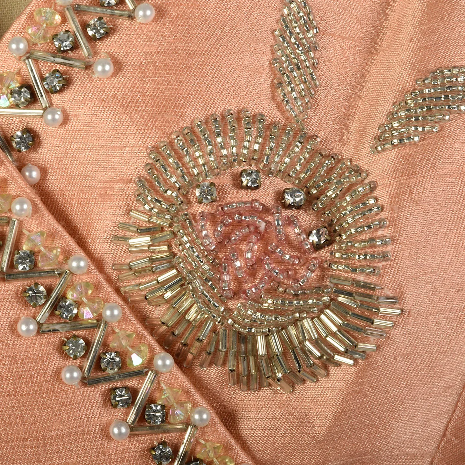 Large 1960s Peach Dress Deadstock Bead Embroidered Empire Waist Babydoll