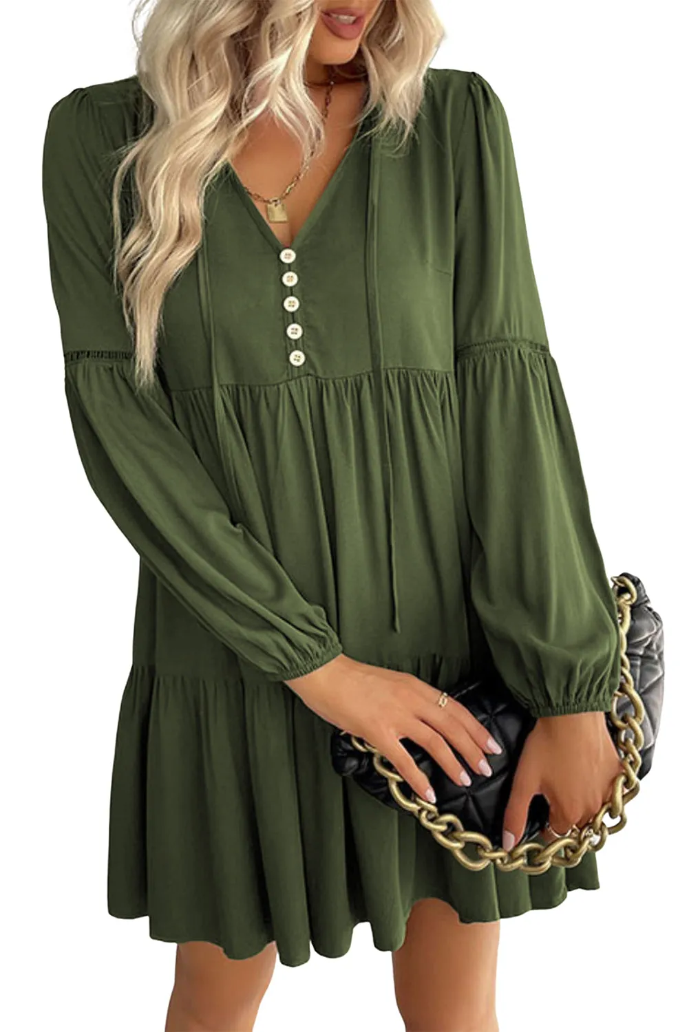 Long Sleeve V-neck Green Mini Dress