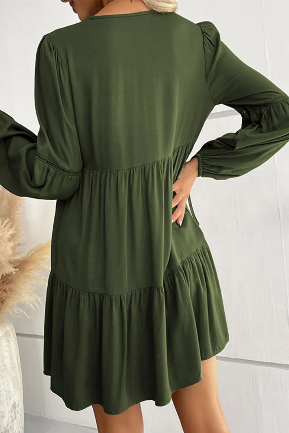 Long Sleeve V-neck Green Mini Dress