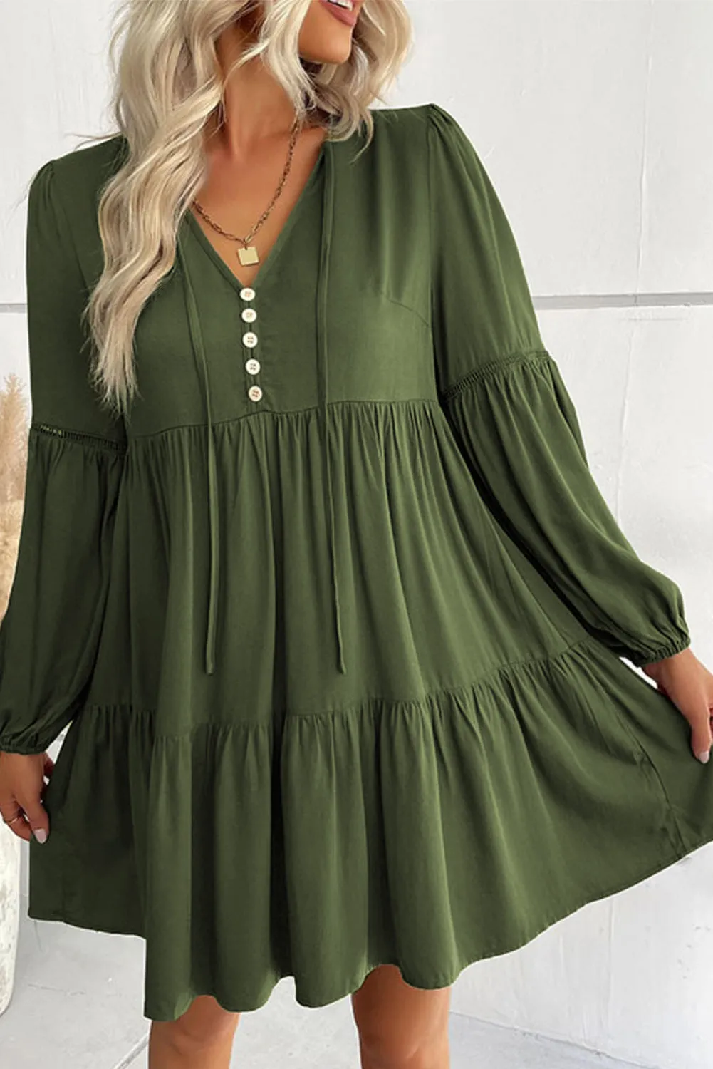 Long Sleeve V-neck Green Mini Dress