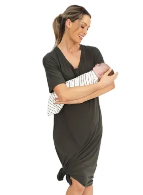 Maternity & Nursing Home Dress   Matching Baby Wrap (Knee Length)  - Khaki