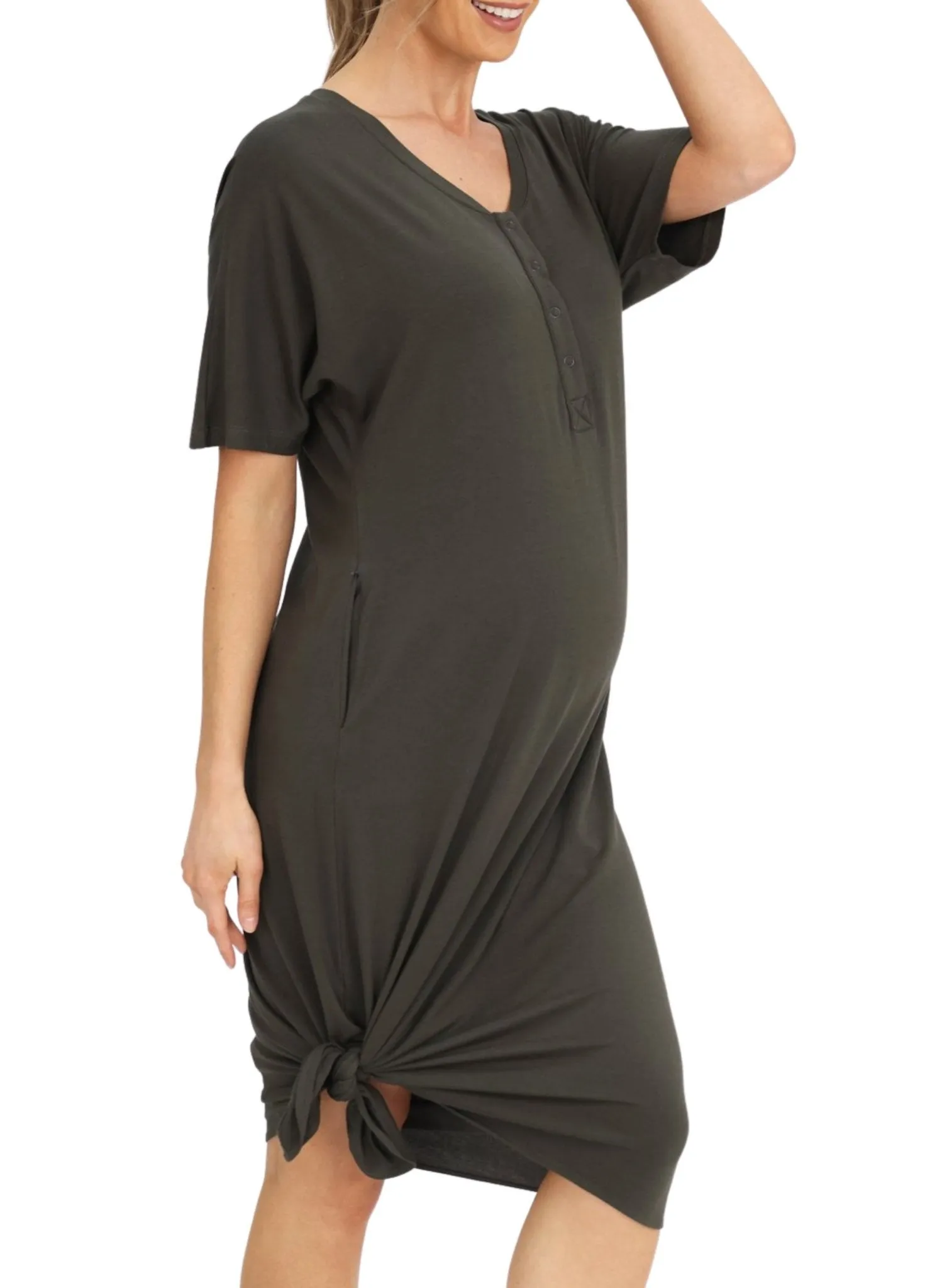 Maternity & Nursing Home Dress   Matching Baby Wrap (Knee Length)  - Khaki