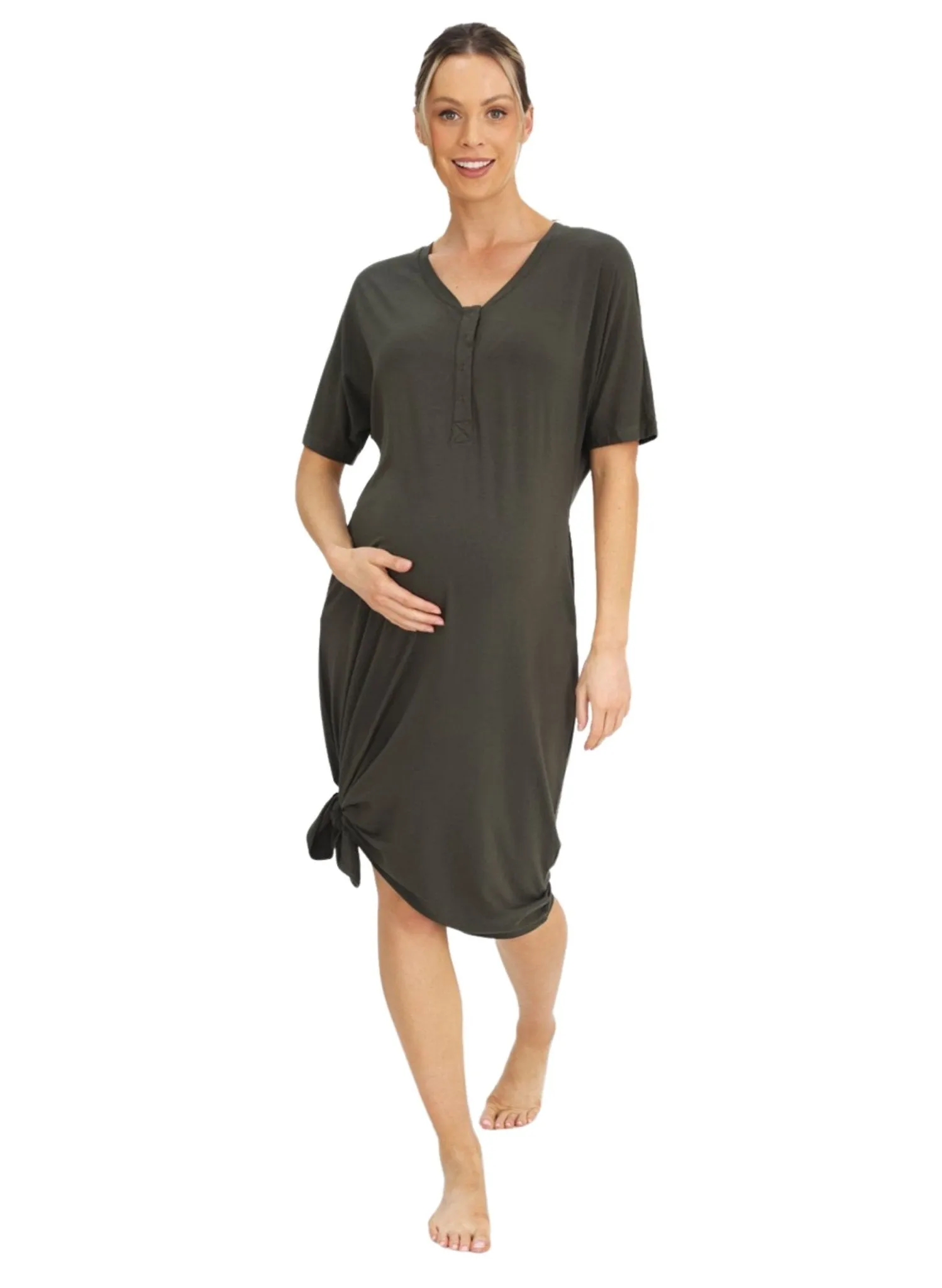Maternity & Nursing Home Dress   Matching Baby Wrap (Knee Length)  - Khaki