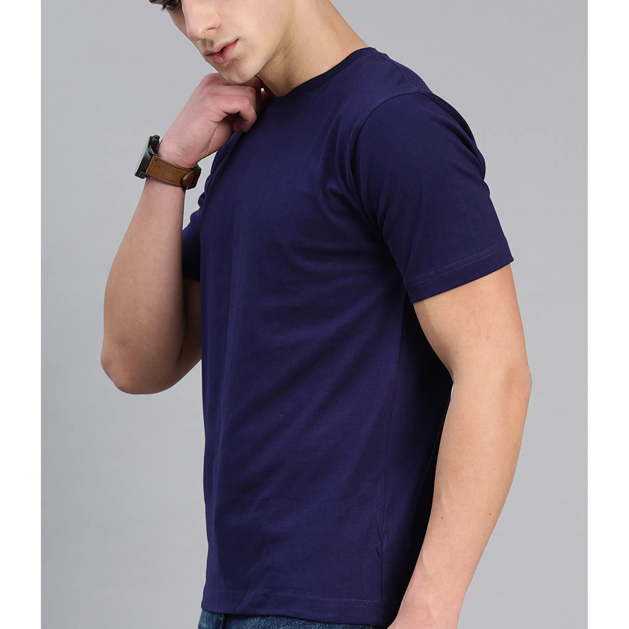 Men's Cotton Minimalist Half Sleeves T-shirt (Navy Blue)