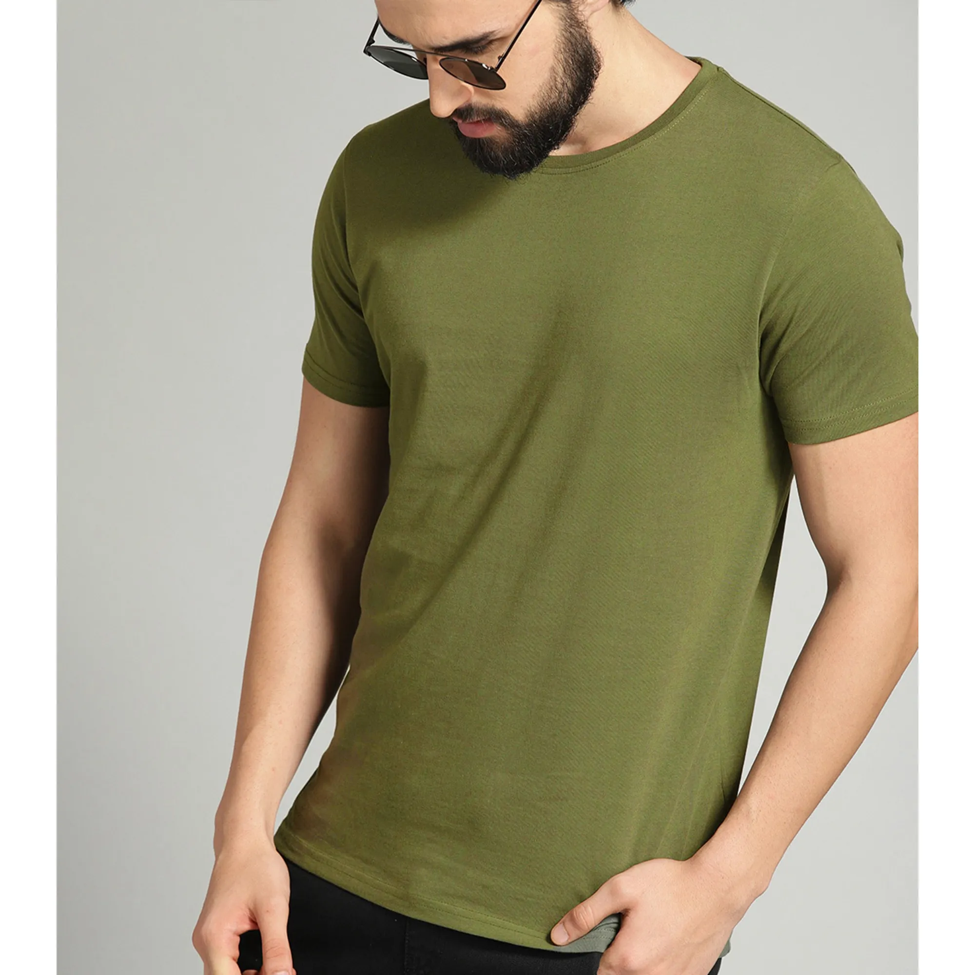 Men's Cotton Minimalist Half Sleeves T-shirt (Olive Green)