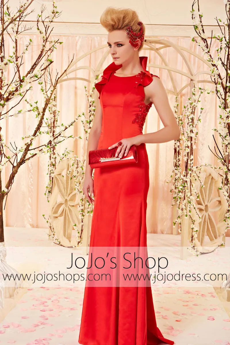 Modest Red Sleek Evening Dress with Collar CX830338