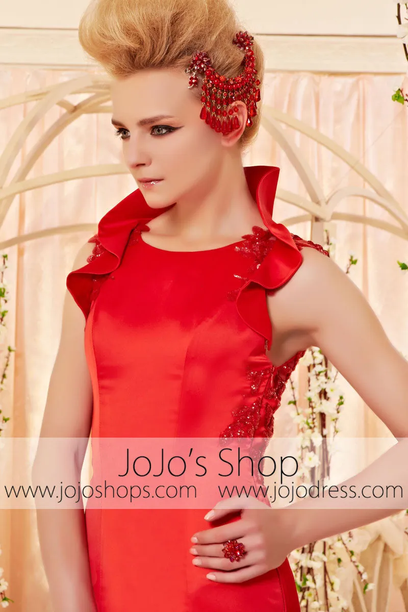 Modest Red Sleek Evening Dress with Collar CX830338