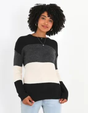MONOCHROME COLOUR BLOCK STRIPED CREW NECK JUMPER