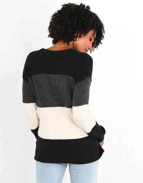 MONOCHROME COLOUR BLOCK STRIPED CREW NECK JUMPER