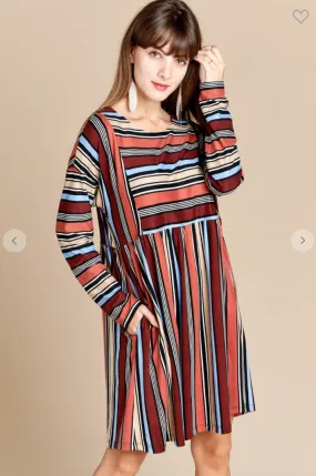 Multi-Color Variegated Striped Babydoll Dress