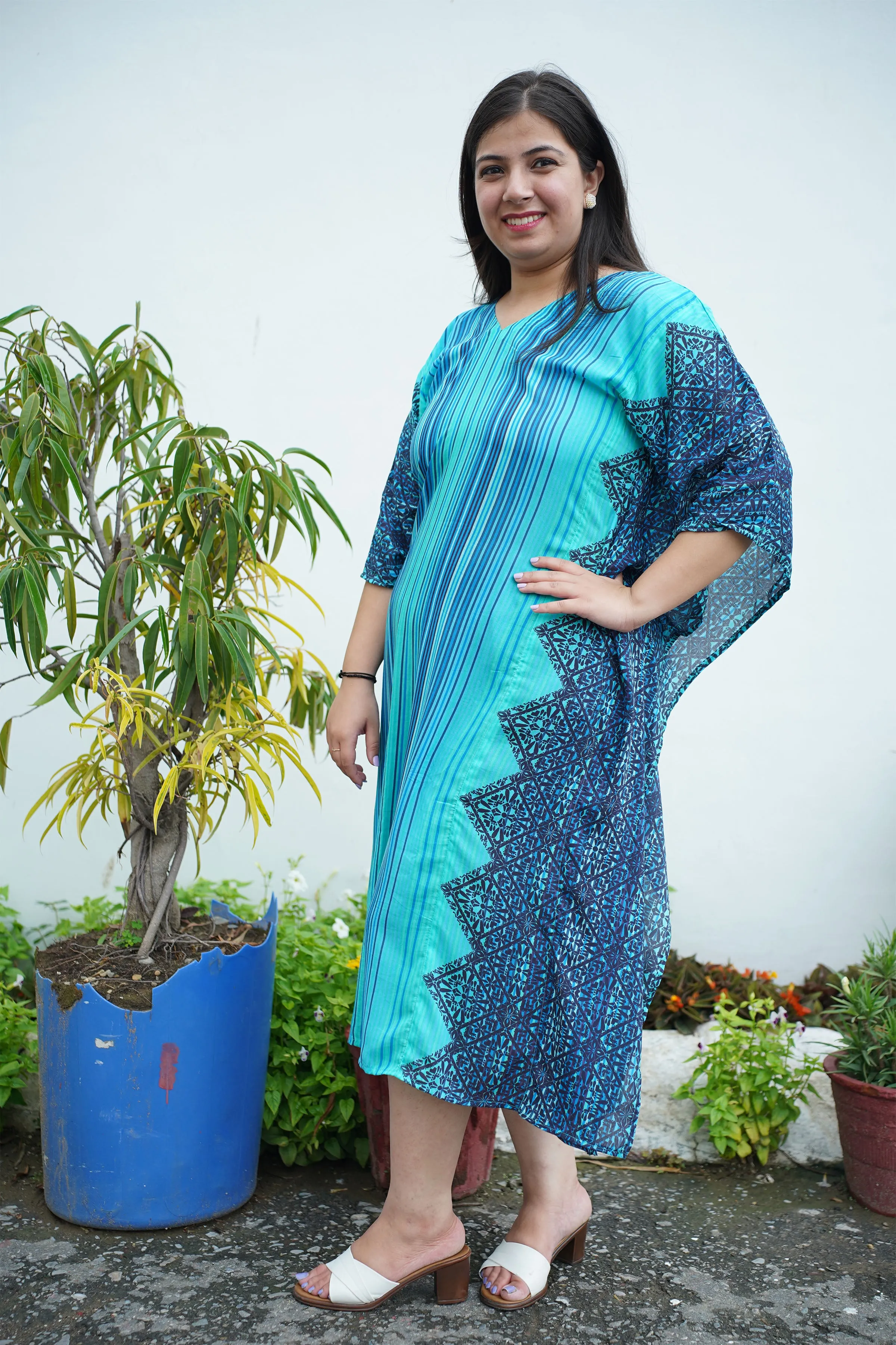 Neon Blue Stripe Modal Kaftan