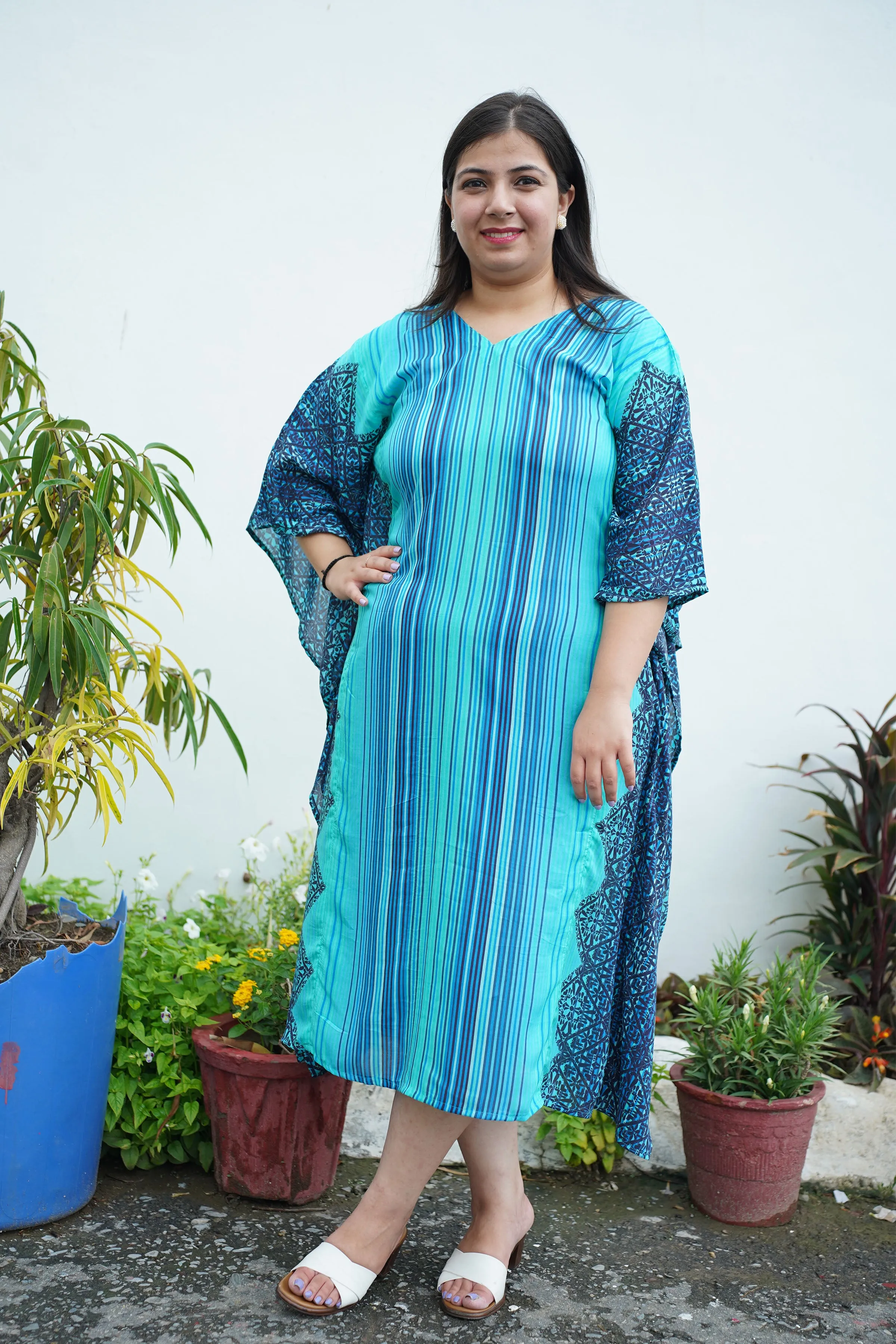 Neon Blue Stripe Modal Kaftan