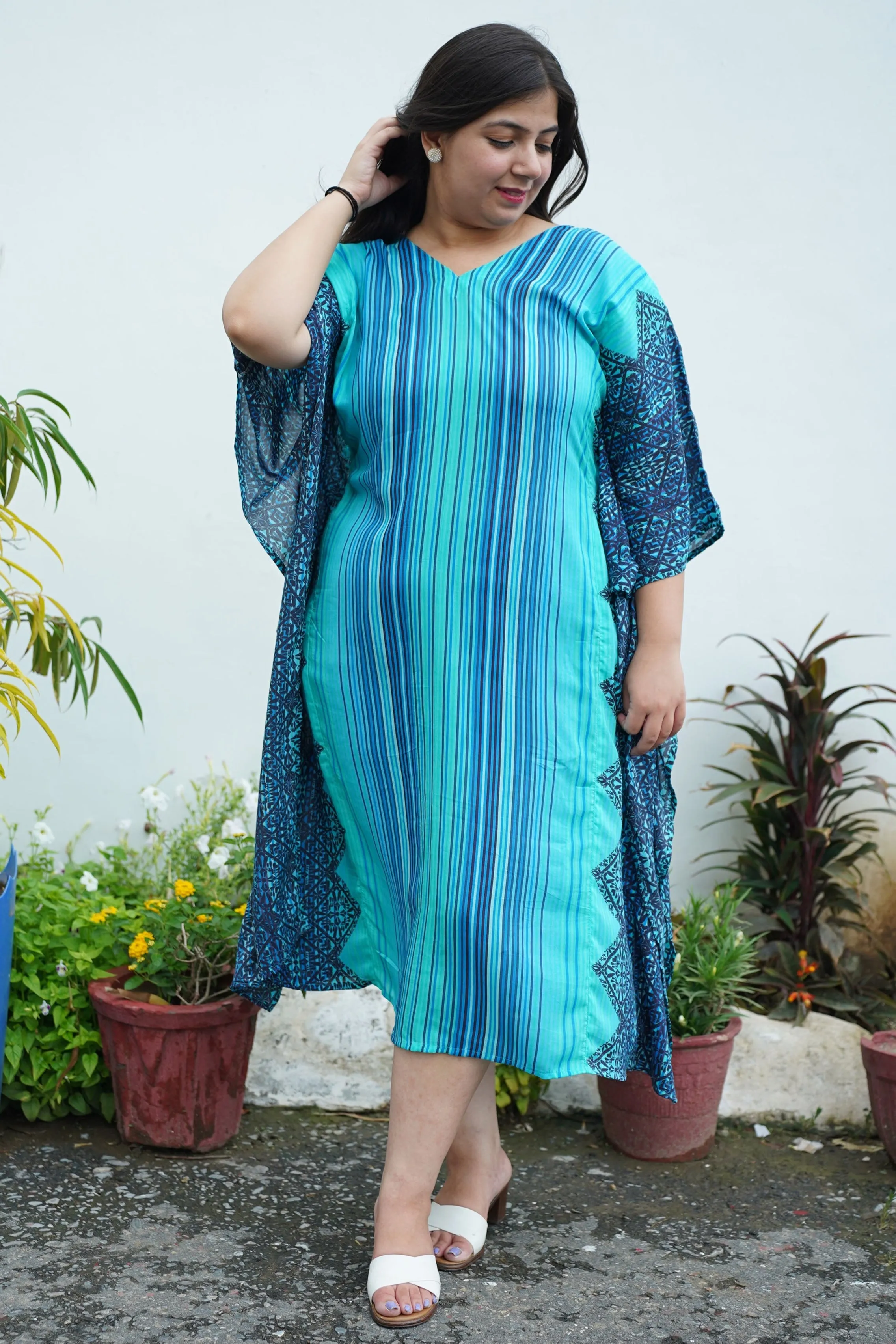 Neon Blue Stripe Modal Kaftan