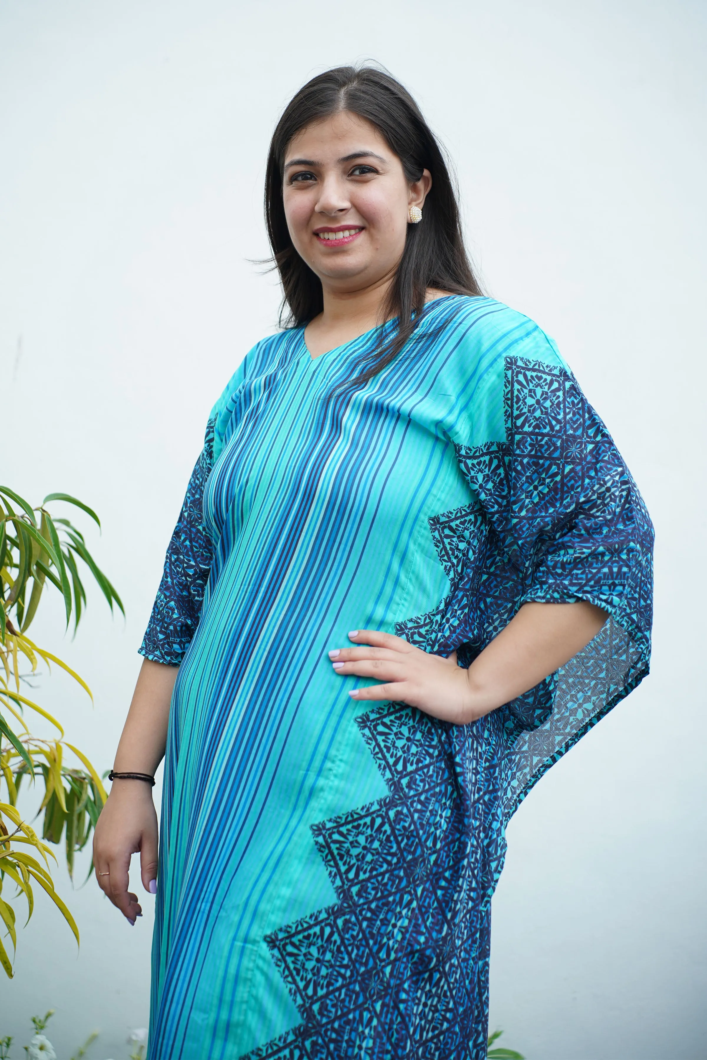 Neon Blue Stripe Modal Kaftan