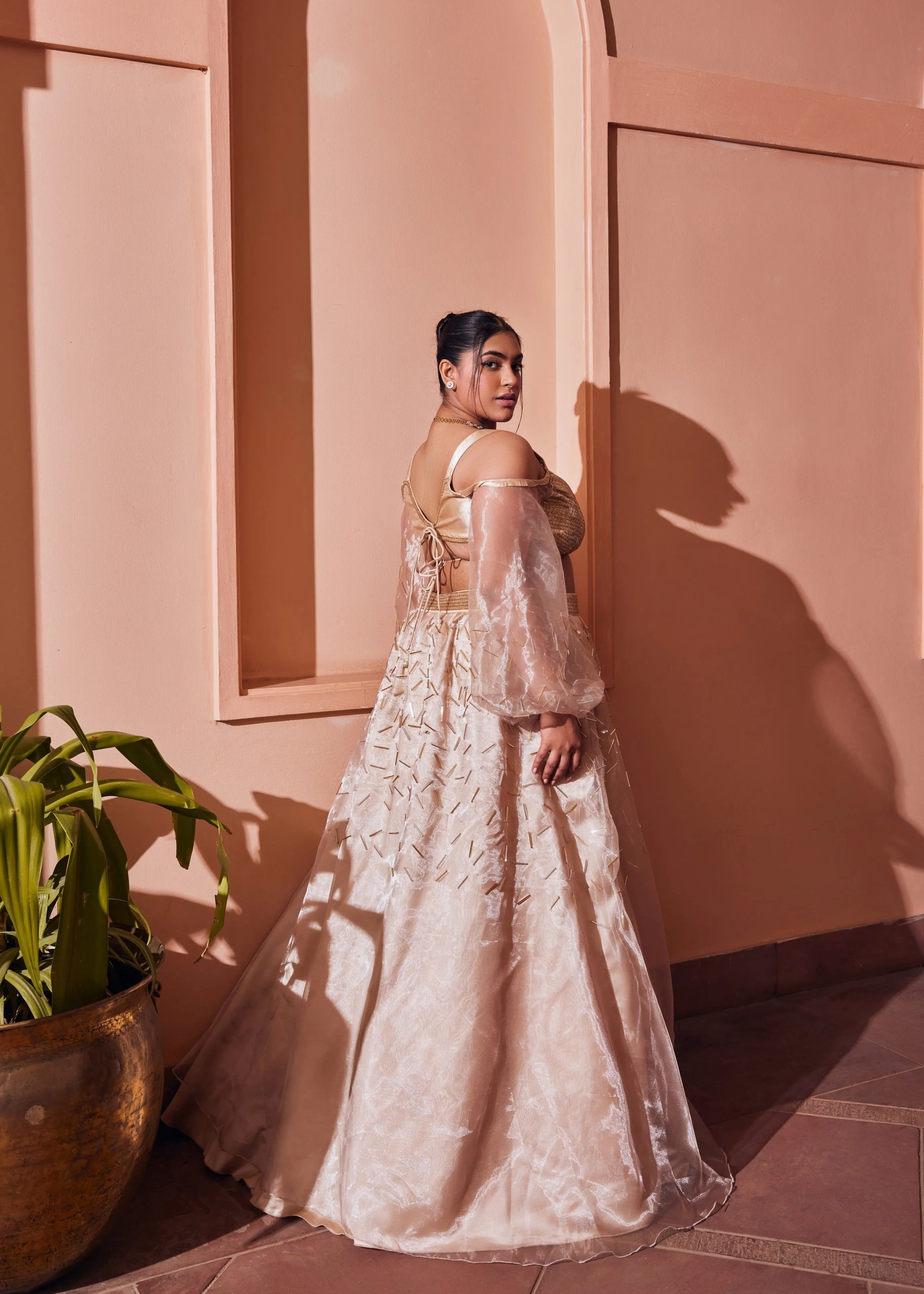 Oorja Golden Satin Organza Lehenga Set