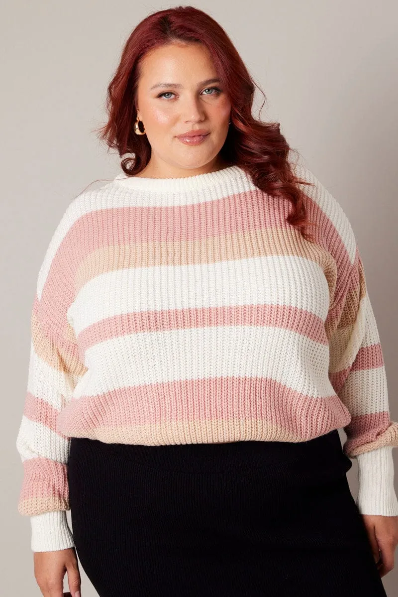 Pink Stripe Knit Jumper Long Sleeve Round Neck
