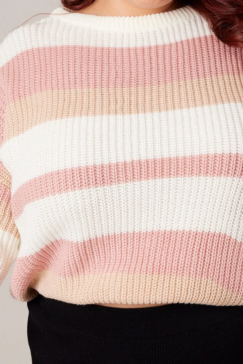 Pink Stripe Knit Jumper Long Sleeve Round Neck