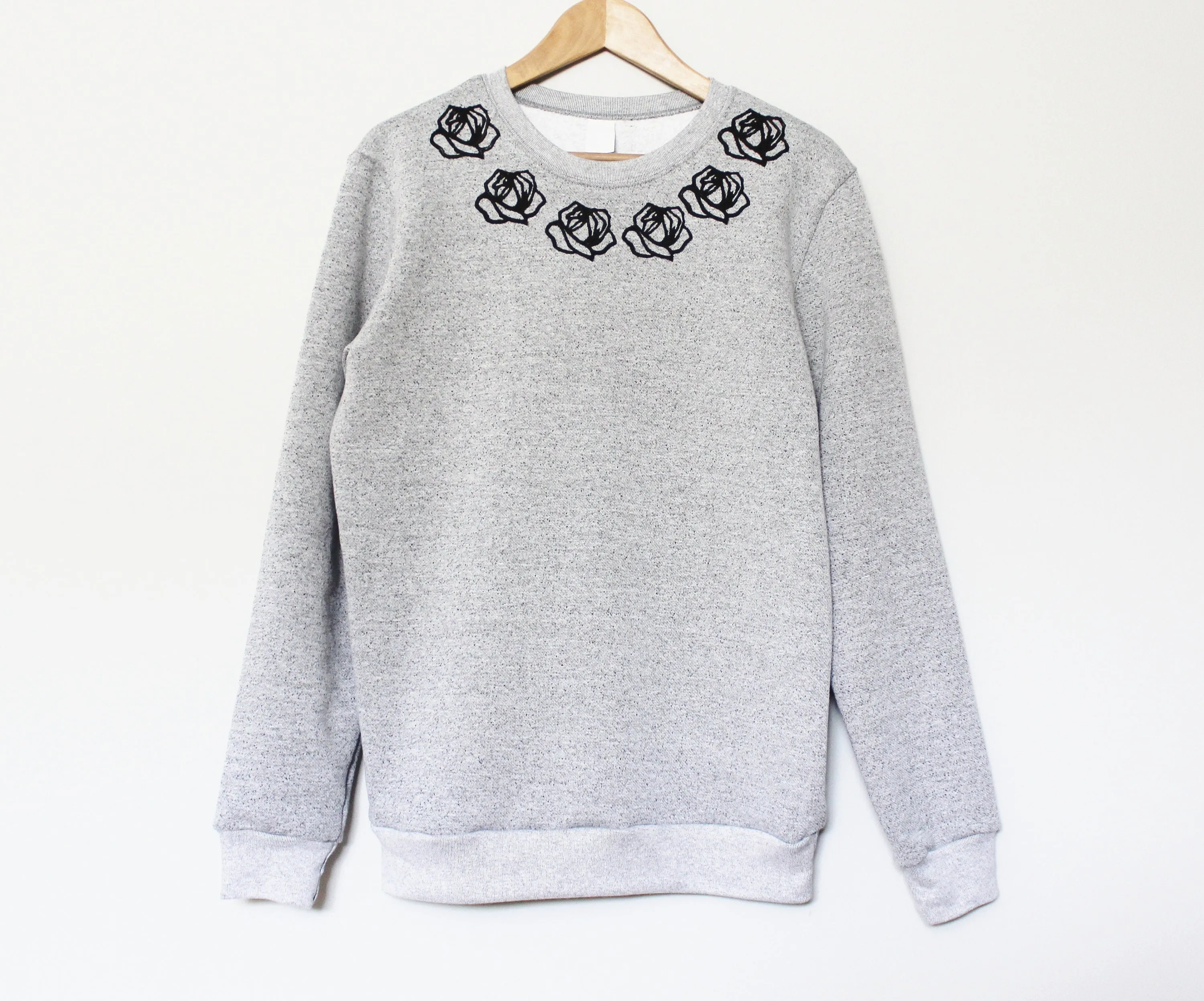 Rose sweatshirt, black roses print unisex crewneck, hand stamped minimalist floral collar pattern, lino print, gray sweater, fleece jumper
