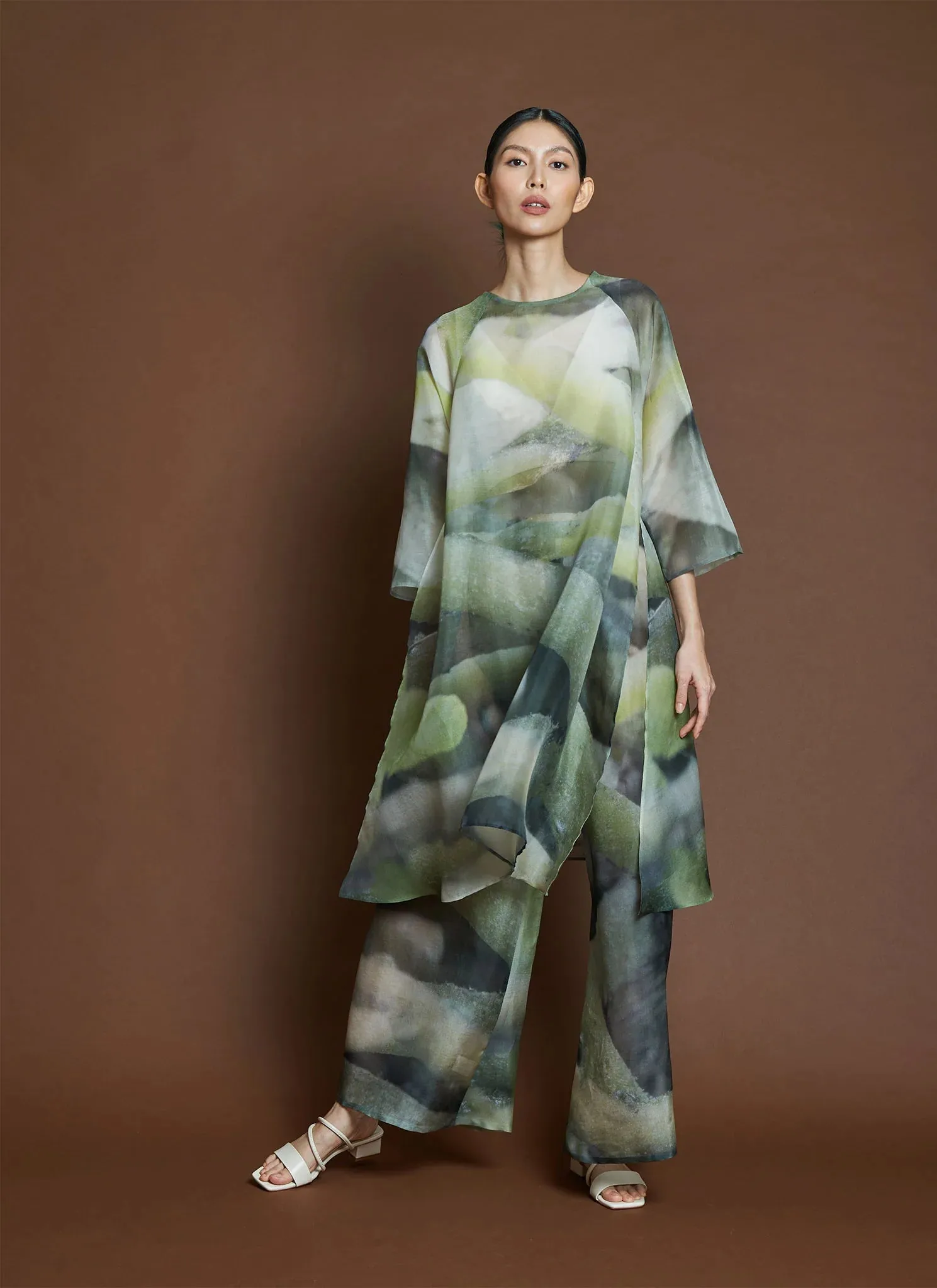 song tu wide leg printed silk organza pant