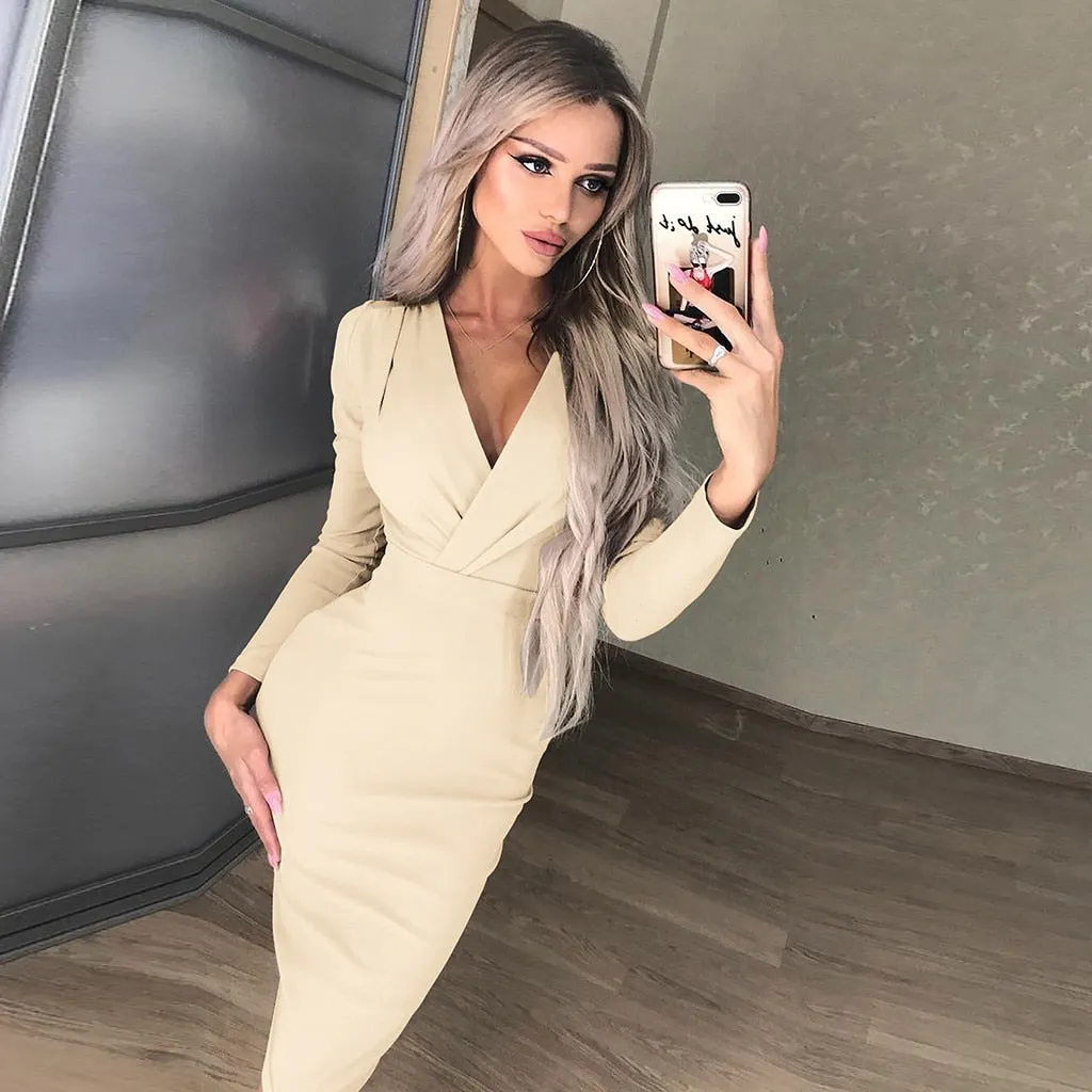 Stylish Women Dresses Deep V Cloth Ladies' Dress Wrap Ruched Long Sleeve Robe Femme Fantastic Female Girls Nightclub Mini Dress
