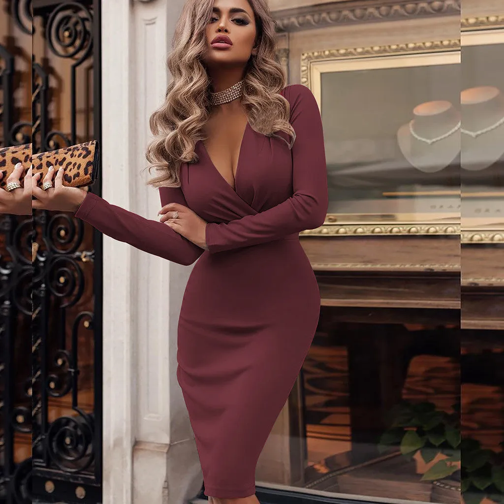 Stylish Women Dresses Deep V Cloth Ladies' Dress Wrap Ruched Long Sleeve Robe Femme Fantastic Female Girls Nightclub Mini Dress