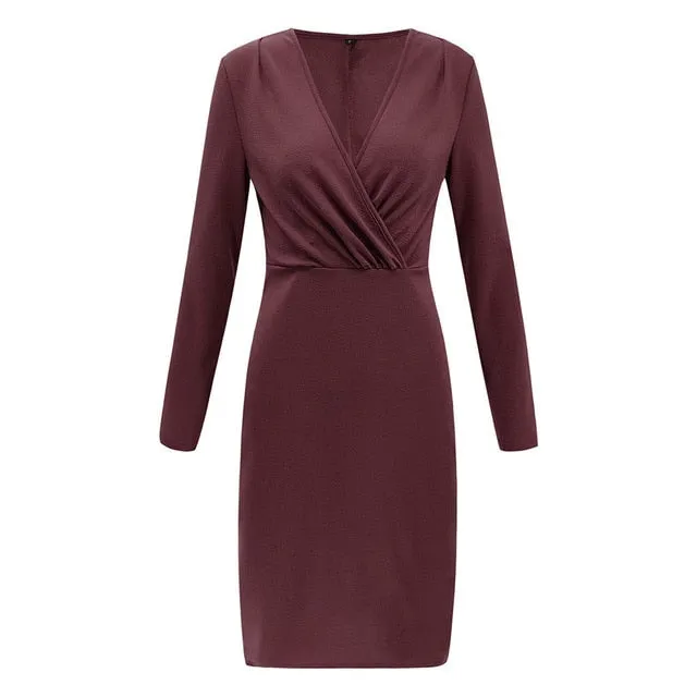 Stylish Women Dresses Deep V Cloth Ladies' Dress Wrap Ruched Long Sleeve Robe Femme Fantastic Female Girls Nightclub Mini Dress
