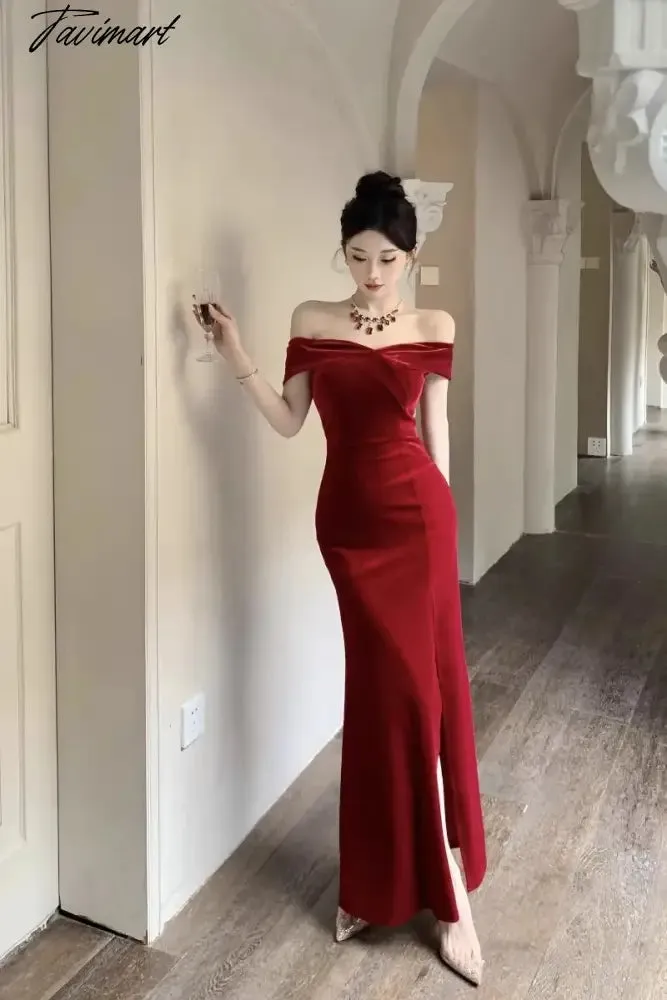 TAVIMART -  Pure Sexy Hot Girl Off Shoulder Elegant Velvet Dress Women's Winter Slim Fit Wrap Hip Mermaid Long Dress Fashion Female Clothes