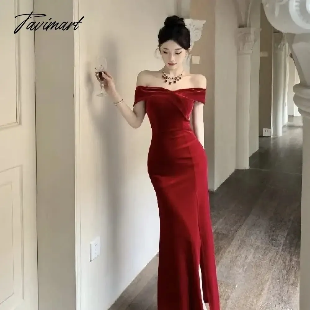 TAVIMART -  Pure Sexy Hot Girl Off Shoulder Elegant Velvet Dress Women's Winter Slim Fit Wrap Hip Mermaid Long Dress Fashion Female Clothes