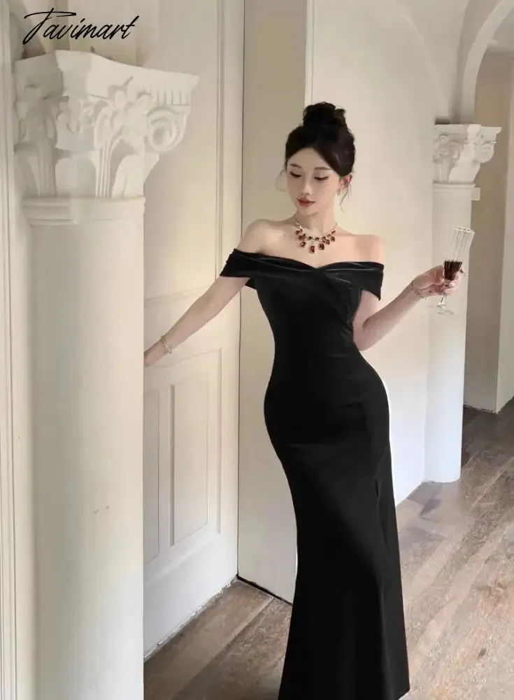 TAVIMART -  Pure Sexy Hot Girl Off Shoulder Elegant Velvet Dress Women's Winter Slim Fit Wrap Hip Mermaid Long Dress Fashion Female Clothes