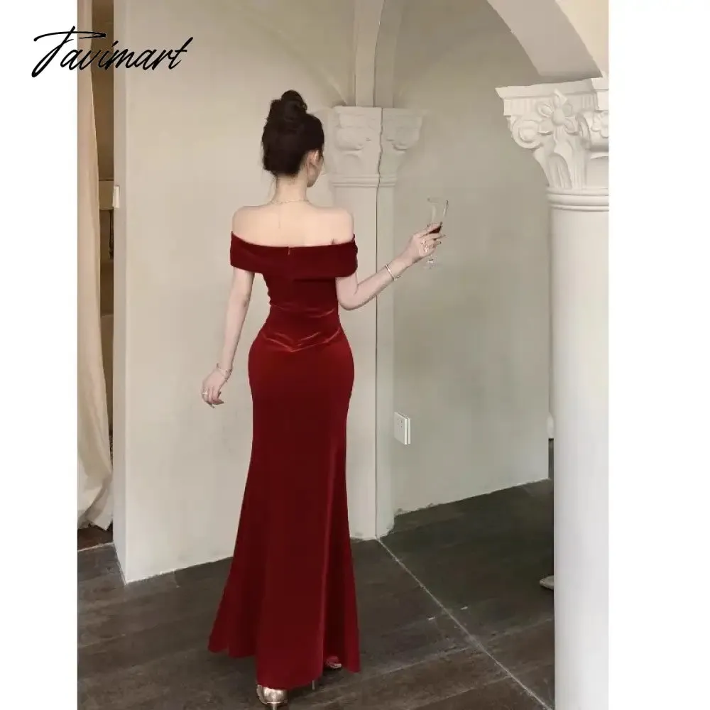 TAVIMART -  Pure Sexy Hot Girl Off Shoulder Elegant Velvet Dress Women's Winter Slim Fit Wrap Hip Mermaid Long Dress Fashion Female Clothes