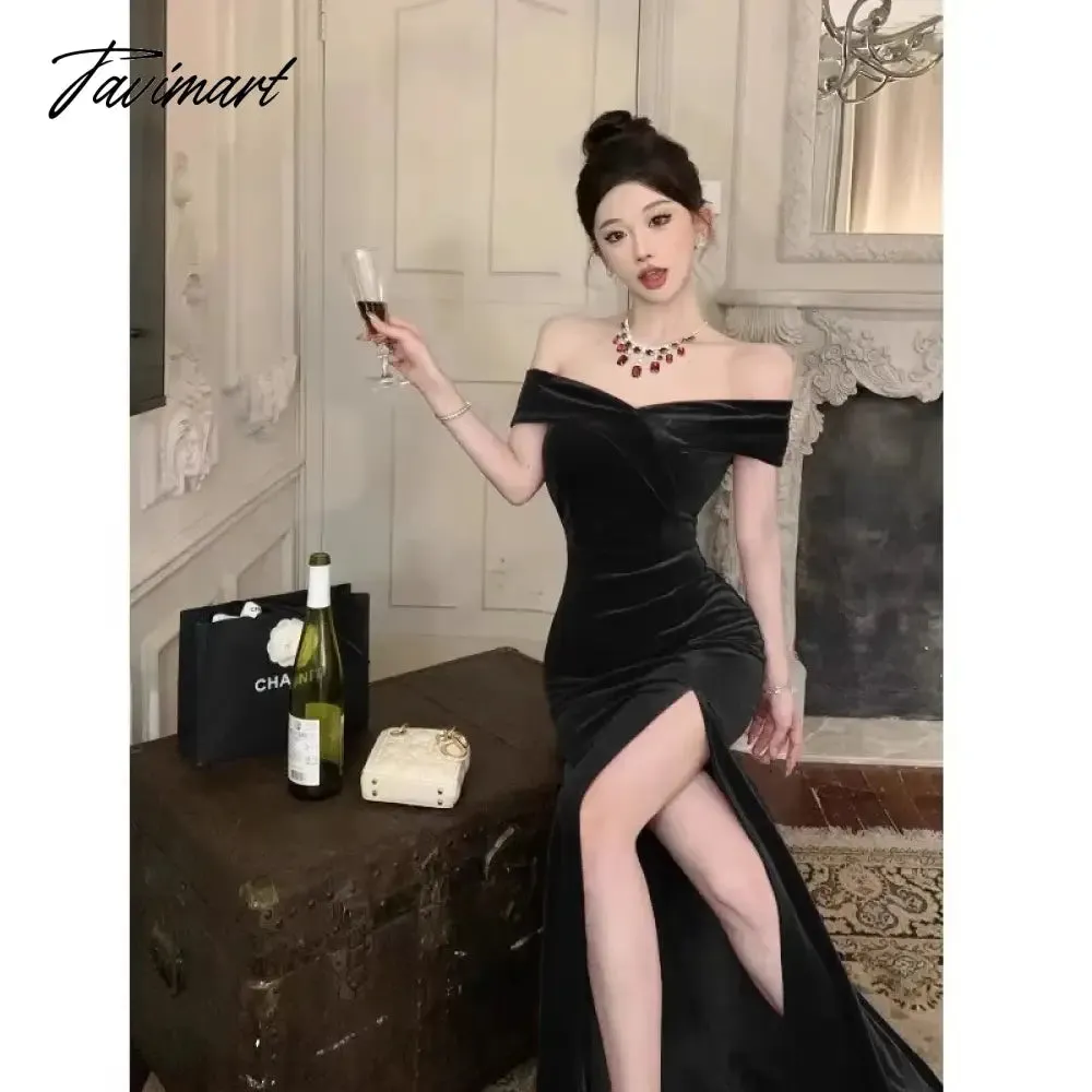 TAVIMART -  Pure Sexy Hot Girl Off Shoulder Elegant Velvet Dress Women's Winter Slim Fit Wrap Hip Mermaid Long Dress Fashion Female Clothes