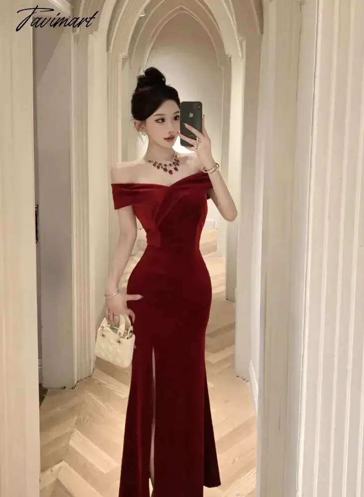TAVIMART -  Pure Sexy Hot Girl Off Shoulder Elegant Velvet Dress Women's Winter Slim Fit Wrap Hip Mermaid Long Dress Fashion Female Clothes