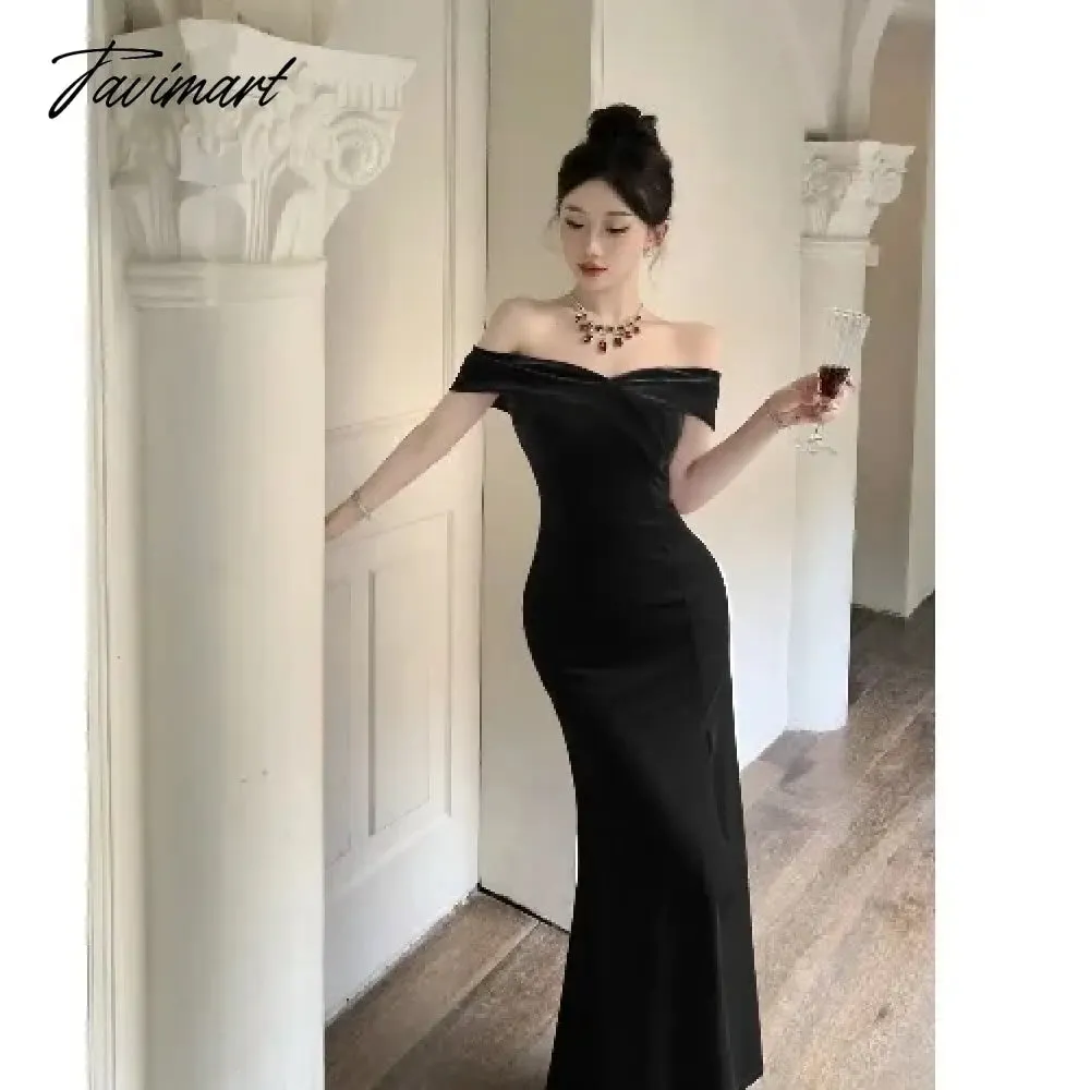 TAVIMART -  Pure Sexy Hot Girl Off Shoulder Elegant Velvet Dress Women's Winter Slim Fit Wrap Hip Mermaid Long Dress Fashion Female Clothes