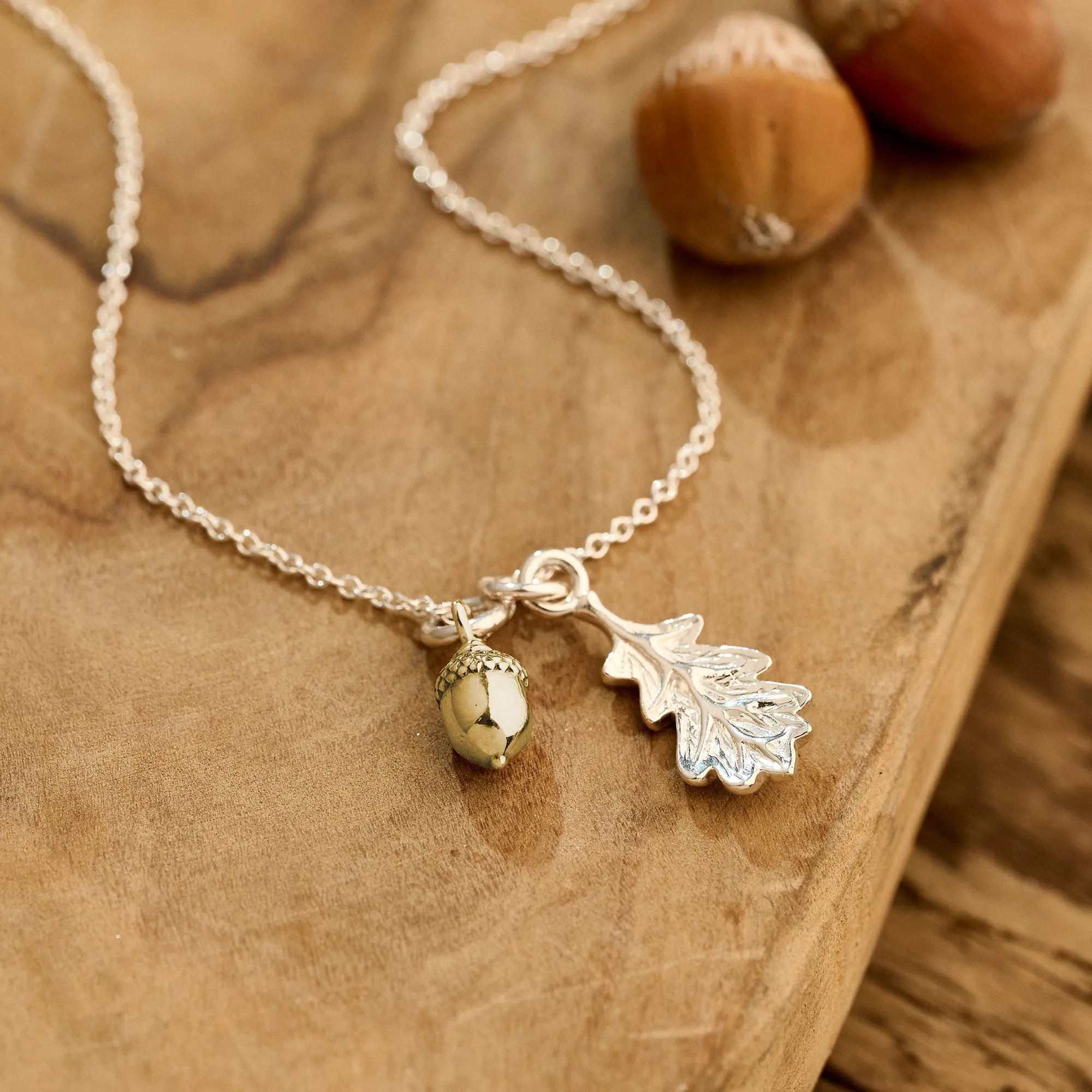 Tiny Acorn & Oak Leaf Silver & Gold Necklace