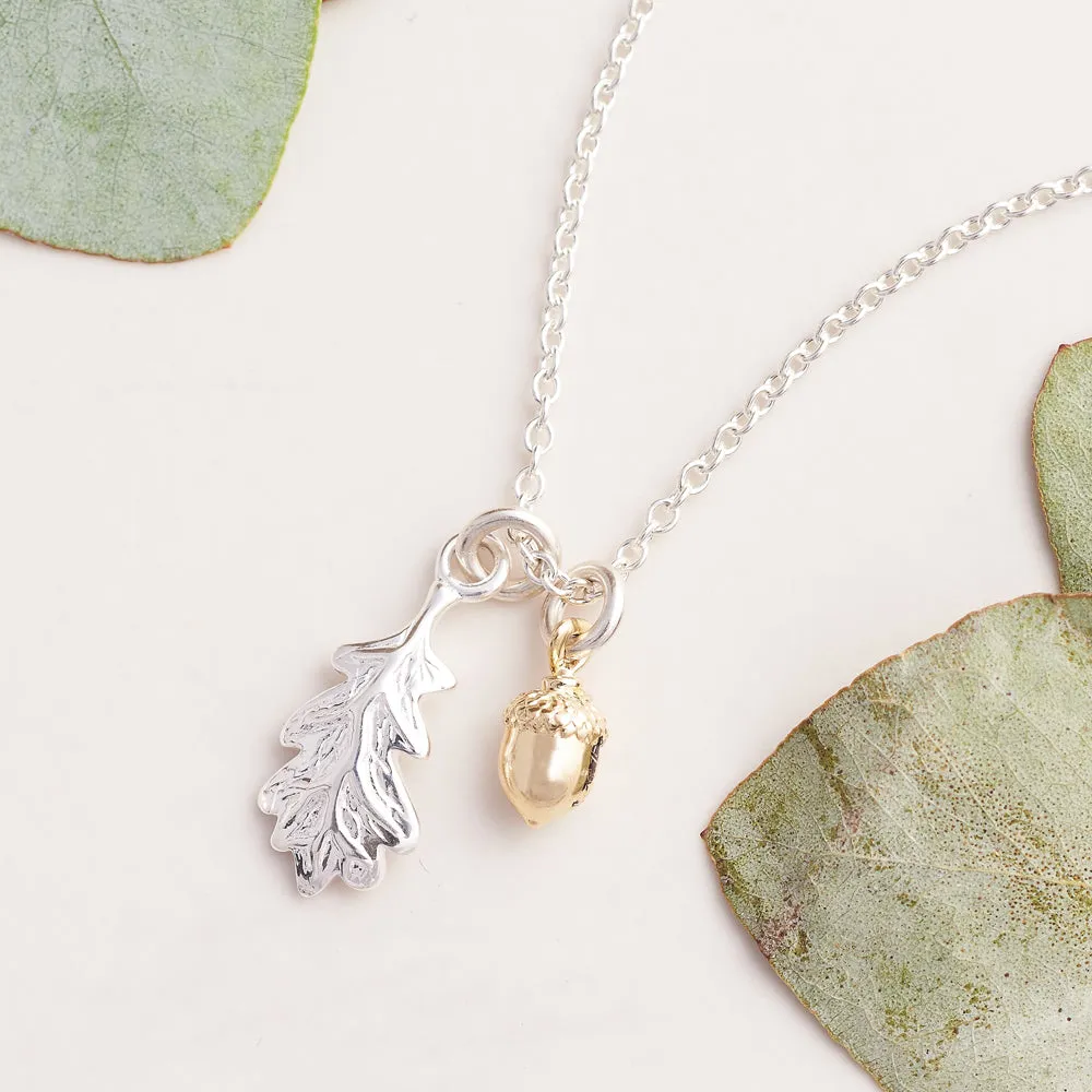Tiny Acorn & Oak Leaf Silver & Gold Necklace