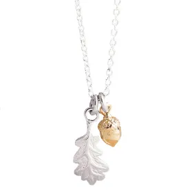 Tiny Acorn & Oak Leaf Silver & Gold Necklace