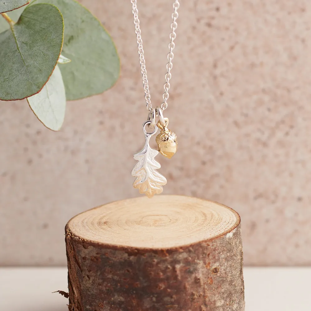 Tiny Acorn & Oak Leaf Silver & Gold Necklace