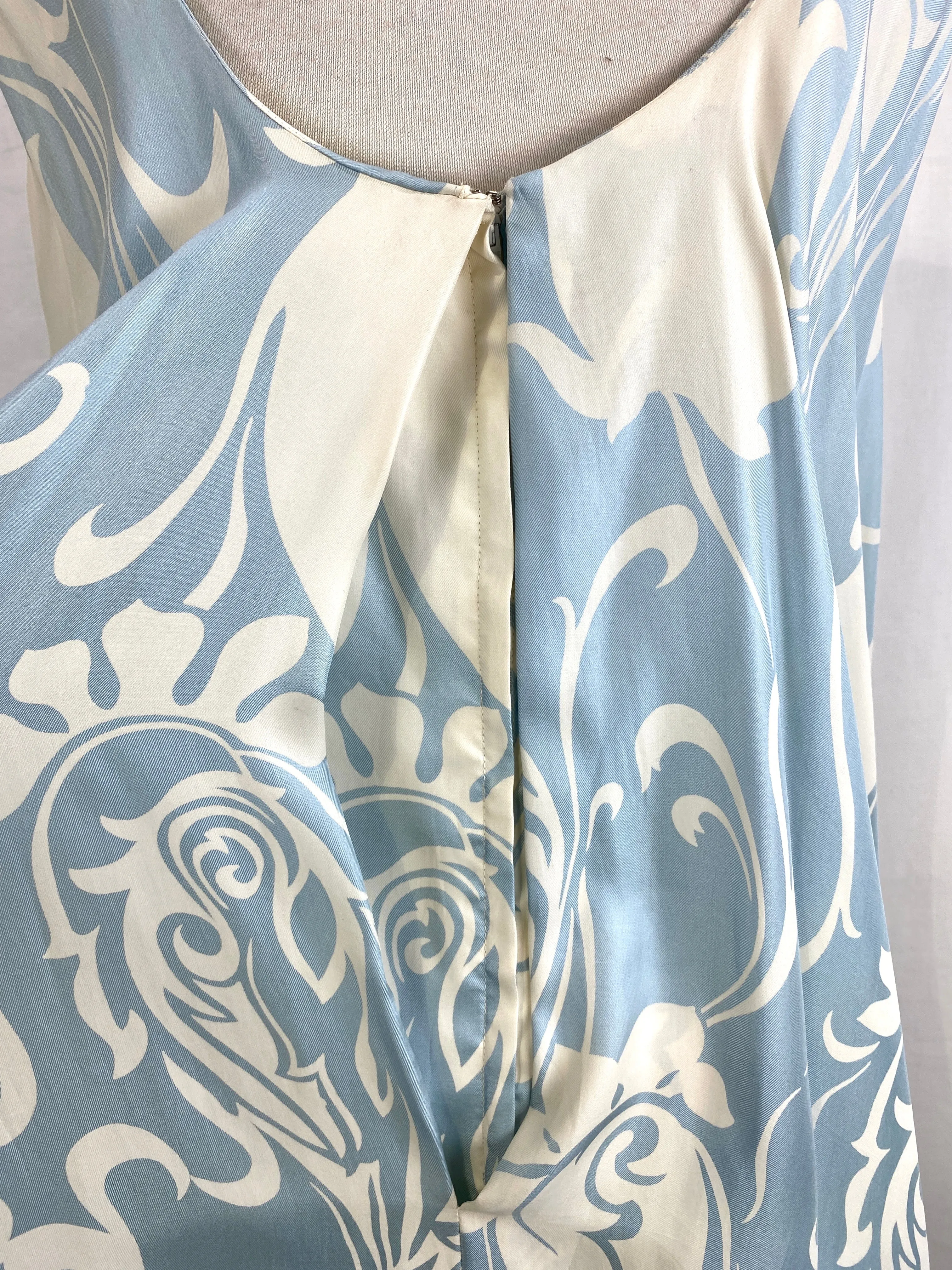 Vintage 1960s Ceil Chapman Blue & Cream Silk Print Dress, Medium