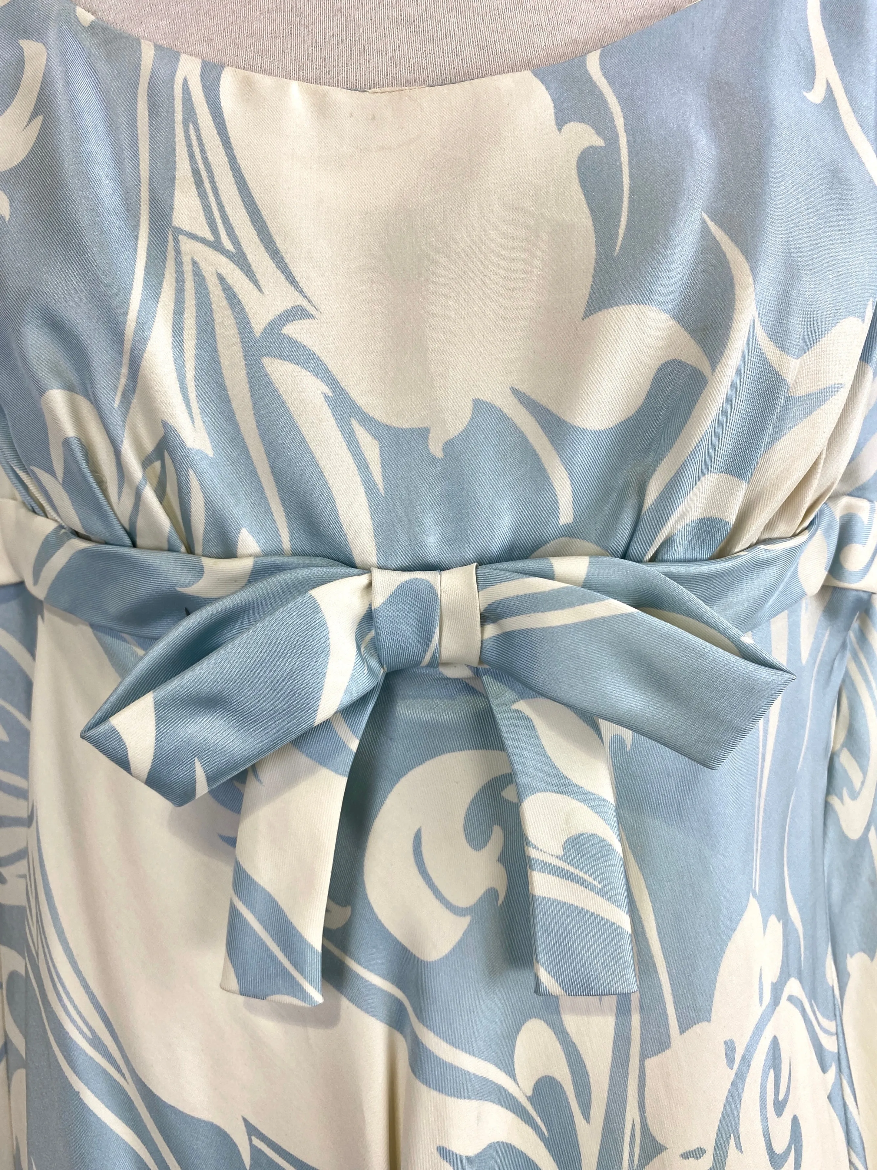Vintage 1960s Ceil Chapman Blue & Cream Silk Print Dress, Medium