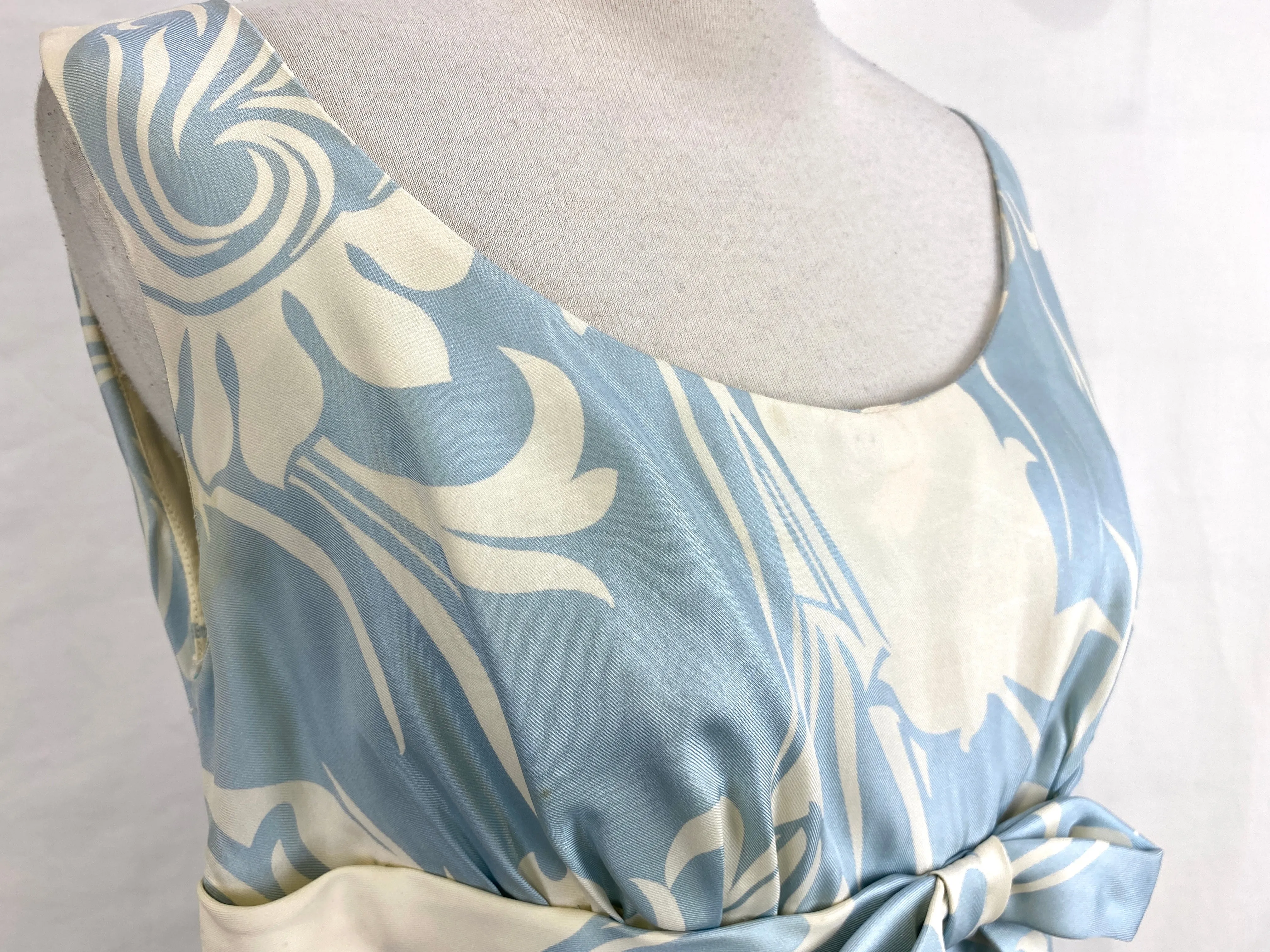 Vintage 1960s Ceil Chapman Blue & Cream Silk Print Dress, Medium
