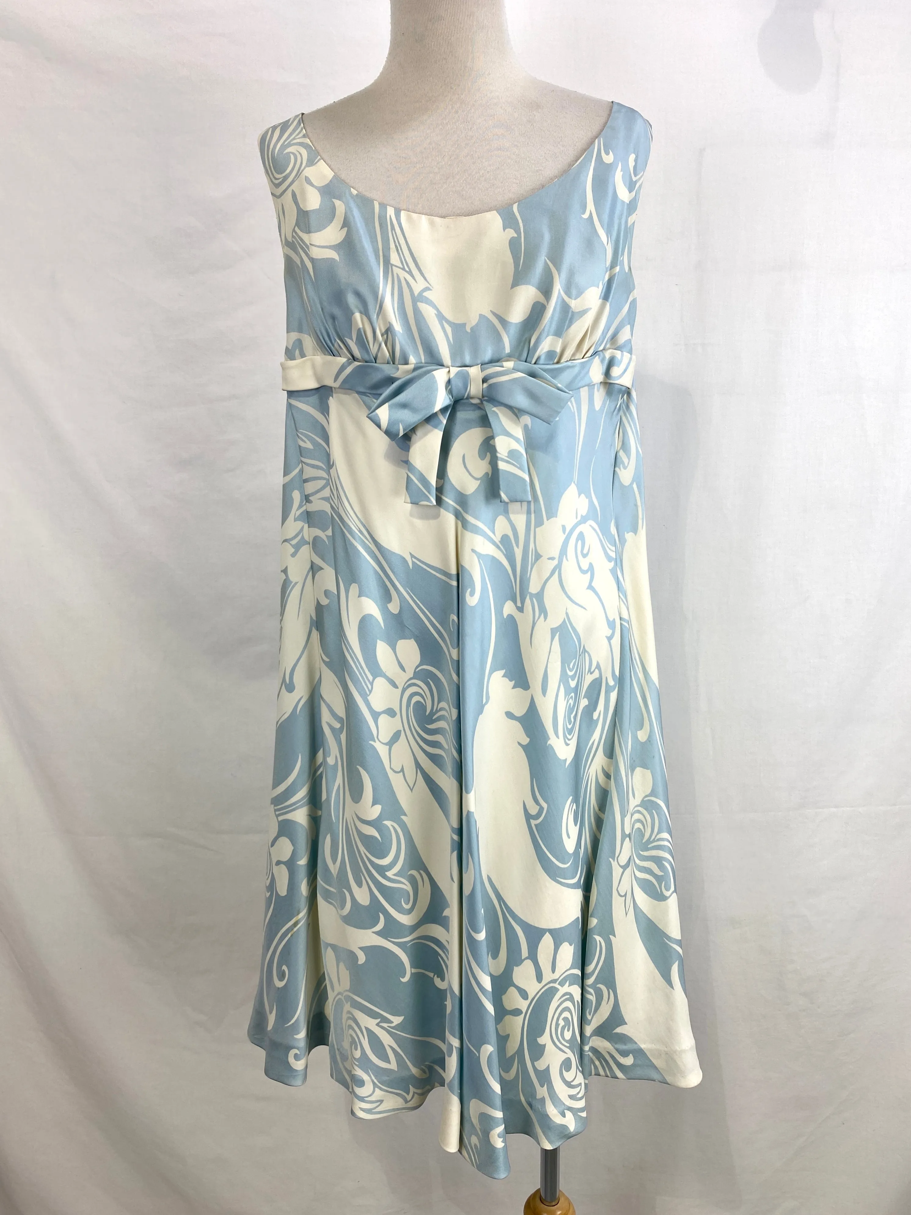 Vintage 1960s Ceil Chapman Blue & Cream Silk Print Dress, Medium