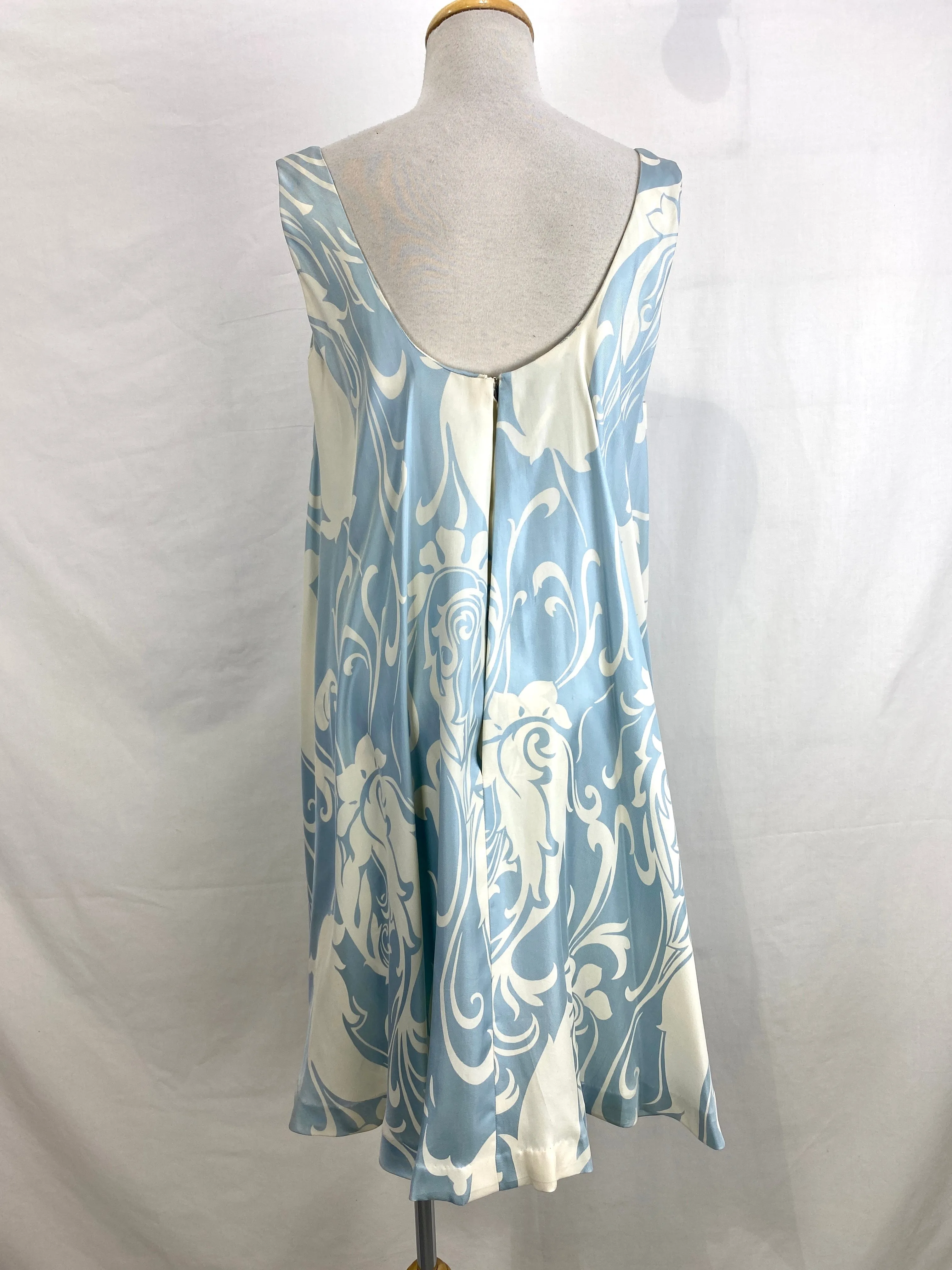 Vintage 1960s Ceil Chapman Blue & Cream Silk Print Dress, Medium