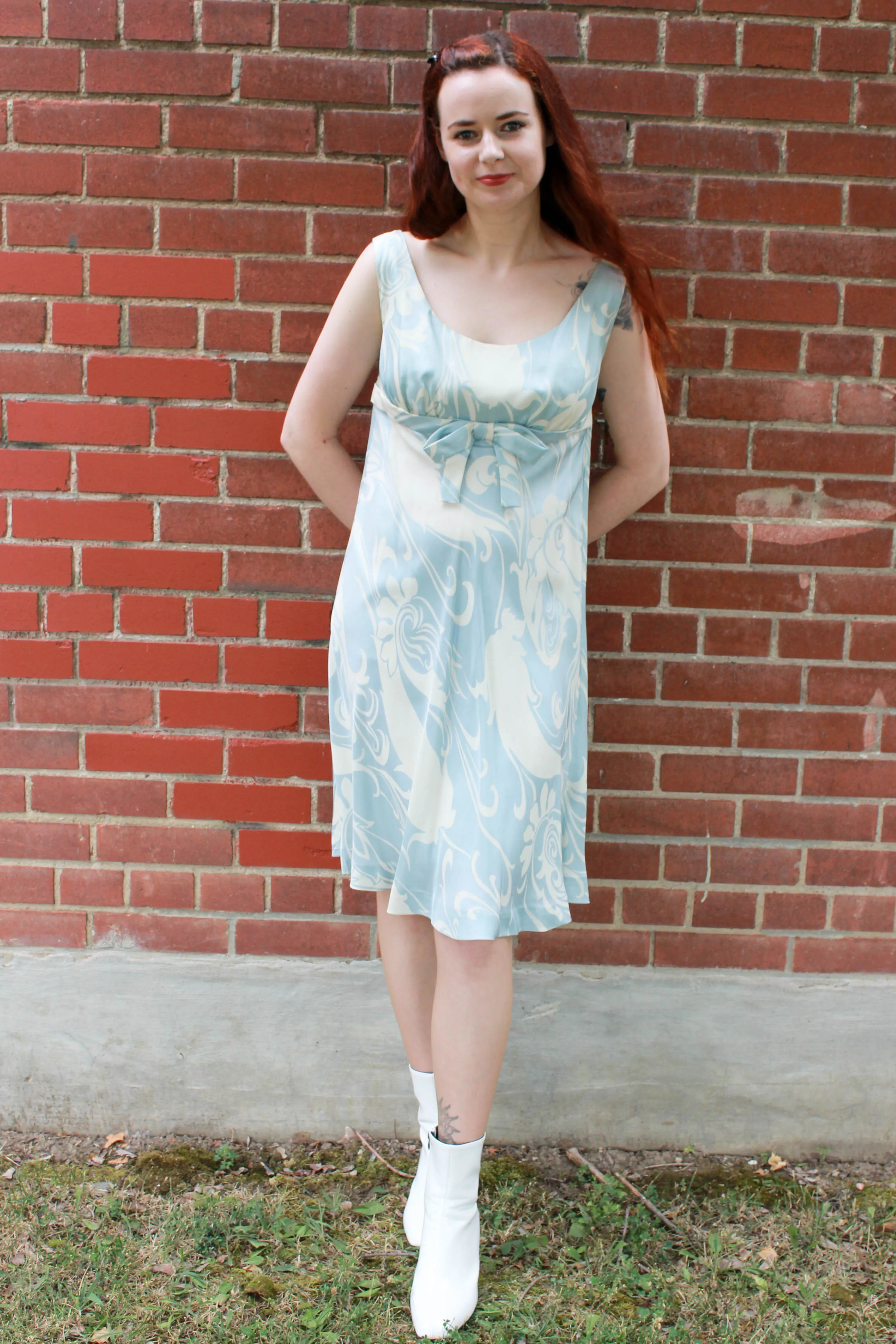 Vintage 1960s Ceil Chapman Blue & Cream Silk Print Dress, Medium